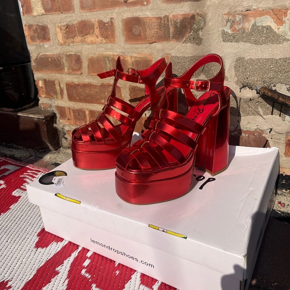 Dolls Kill Shoes Dolls Kill Red Metallic Tacy Platform Sandals